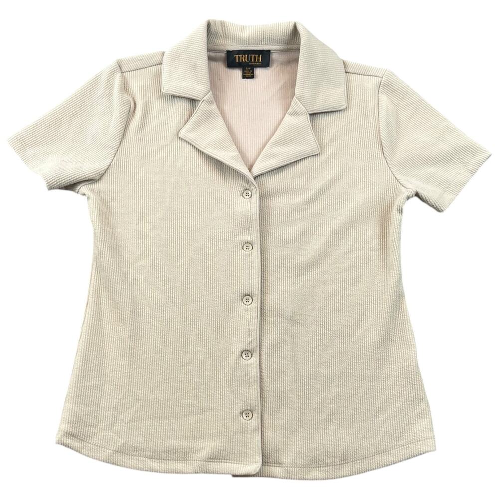 Truth by Republic Ribbed Button Front Collared Short Sleeve Top Beige Women S